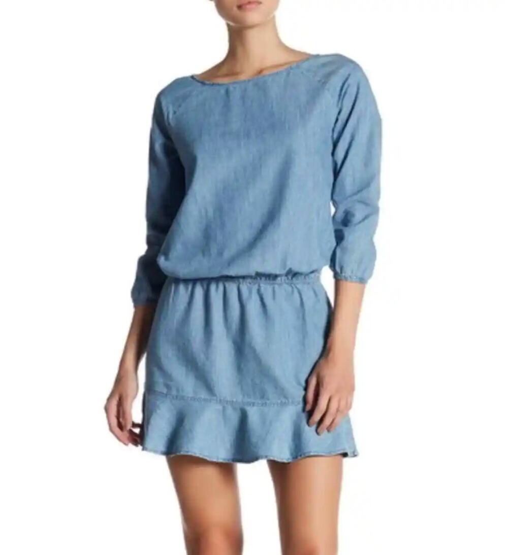 SOFT Joie Chambray Blue Tunic Denim Dress Ruffle Bottom Boat Neck S Small